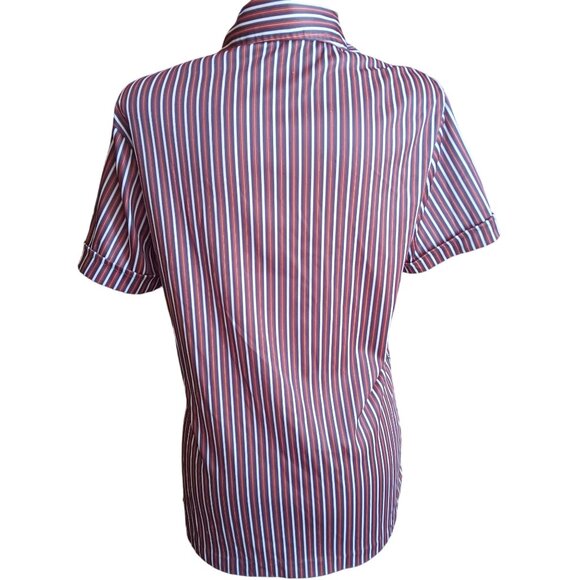 Large Vintage 80's Mom Striped Top Shirt Button-Up Blouse Stretch Polyester - Picture 5 of 7